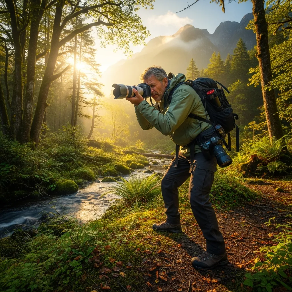 Valokuvaaja työssään luonnossa
